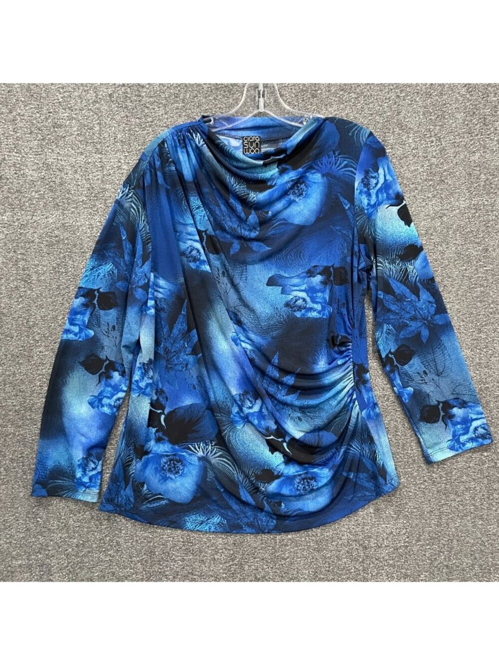 Clara Sun Woo Cowl Neck Top Womens XL Blue Floral Ruched Slinky Liquid Knit Work